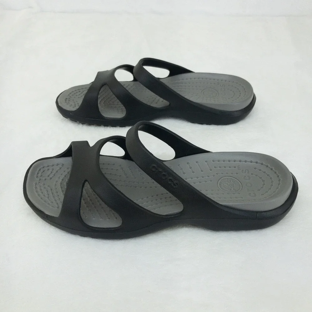 Crocs Meleen Slides Sandals Womens 7 Black Grey Comfort Lightweight Strappy